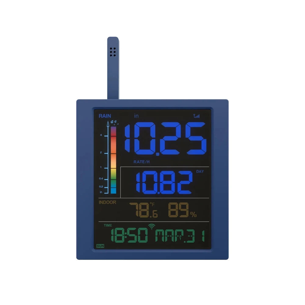 Blue digital weather station with temperature and humidity display on a white background