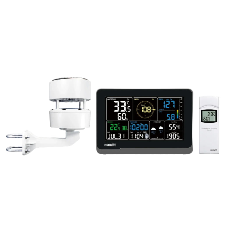 The image shows a weather station set which includes a 7.5" LCD display console, a white sensor array with a solar panel, and a separate white temperature and humidity sensor.