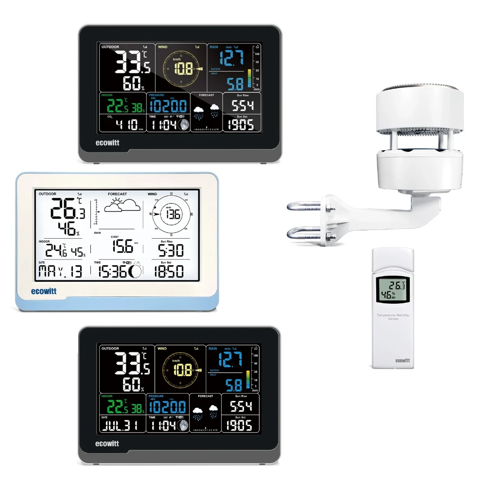 The image shows a weather station set which includes a 7.5" LCD display console, a white sensor array with a solar panel, and a separate white temperature and humidity sensor.