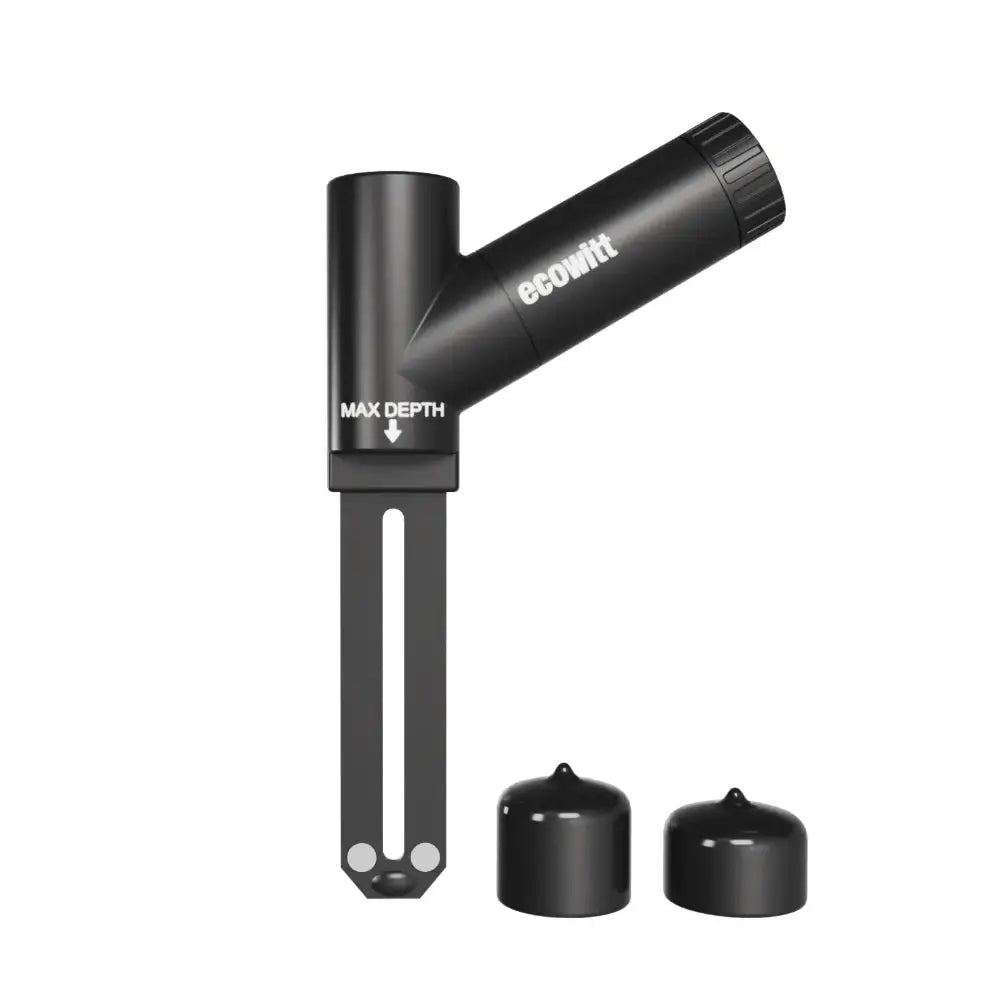 Black soil sensor with 'Ecowitt' branding on a white background