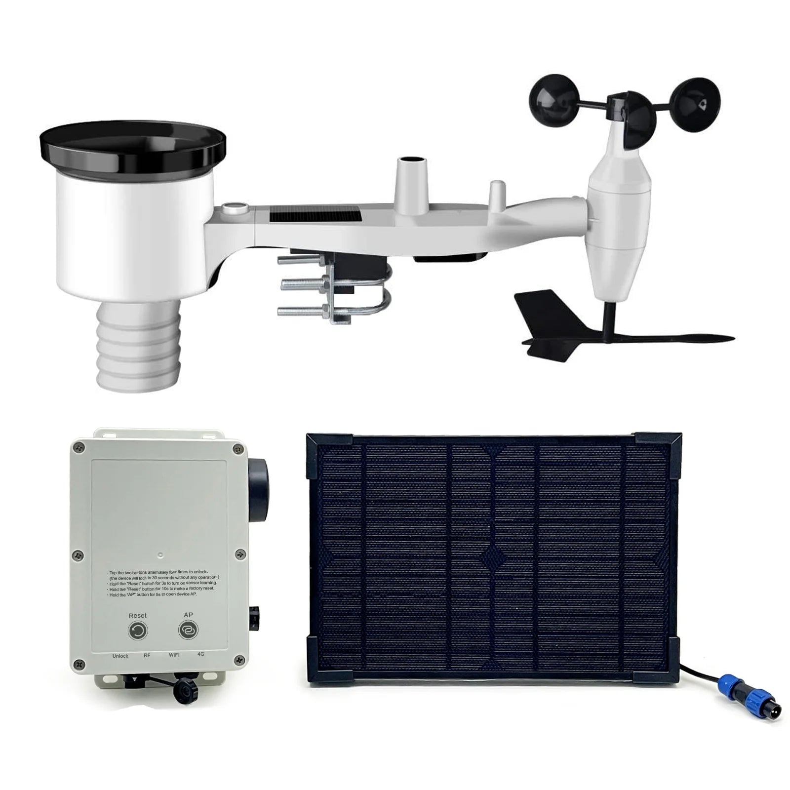 Ecowitt WittField Combo/Suite 4G Mobile Solar Weather Station with a 7-in-1 sensor array mounted on a pole, without the pole included.